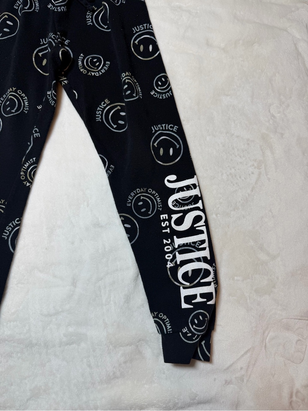 Justice Black Joggers with White Smiley & Large Logo
